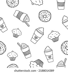 Doodle seamless pattern donuts and coffee cups, cupcakes, black on white