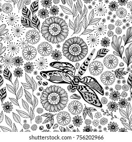 Doodle seamless pattern with dragonfly and flowers. Element for design.