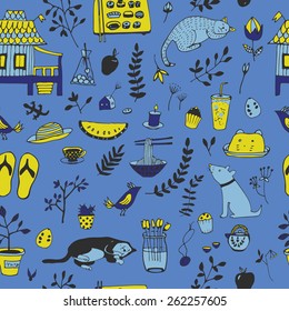 Doodle seamless pattern, enjoy life concept. Use for wallpaper, pattern fills, web page background, surface textures.