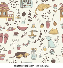 Doodle seamless pattern, enjoy life concept. Use for wallpaper, pattern fills, web page background, surface textures.