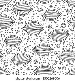 Doodle seamless pattern with ethnic leaves. Creative spring textile swatch or packaging design. Zentangle coloring page.