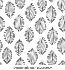Doodle seamless pattern with ethnic leaves. Creative spring textile swatch or packaging design. Zentangle coloring page.