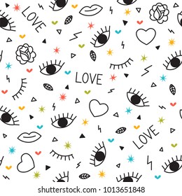 Doodle seamless pattern with eyes, hearts, lips and other geometric elements. Modern hand drawn background. Memphis style. Vector illustration