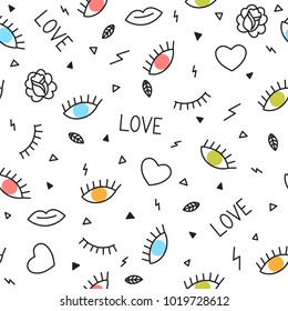 Doodle seamless pattern with eyes, hearts, lips and other geometric elements. Memphis style. Modern hand drawn background. Vector illustration