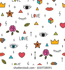 Doodle seamless pattern with eyes, lips, hearts and other geometric elements. Modern hand drawn background. Memphis style. Tattoo. Vector illustration