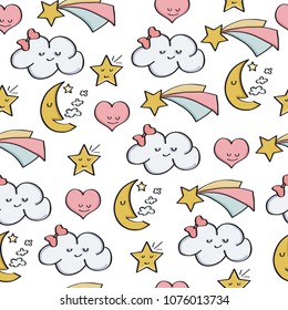 Doodle seamless pattern with fantasy magical elements. Vector