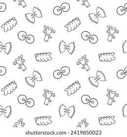 Doodle seamless pattern with farfalle, campanelle pasta illustrations. Hand drawn food ingredients on line art vector background. Italian cuisine elements for wrapping, packaging, print
