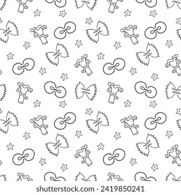 Doodle seamless pattern with farfalle, campanelle pasta illustrations. Hand drawn food ingredients on line art vector background. Italian cuisine elements for wrapping, packaging, print