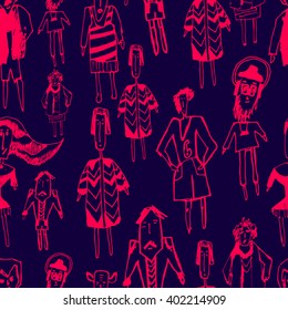 doodle seamless pattern with fashion characters blue and red