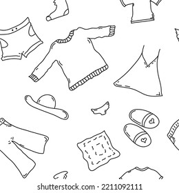 Doodle seamless pattern with fashion clothes and accessories seamless background in trendy hand-drawn style
