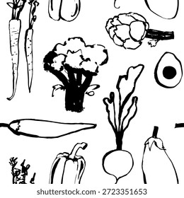 Doodle seamless pattern featuring broccoli, artichoke, radish, avocado, carrot, eggplant, and bell pepper. Minimalist outline design perfect for healthy food themes and natural lifestyle projects.