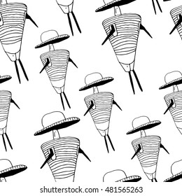 Doodle seamless pattern with female silhouette in hat and underwear. Stylized character. Black and white
