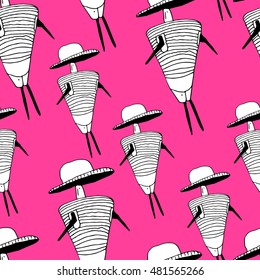 Doodle seamless pattern with female silhouette in hat and underwear. Stylized character. Black and white. Pink background
