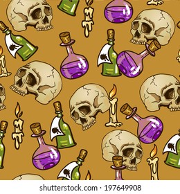 Doodle seamless pattern with flasks, potions and skulls Vector Design Element.