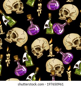 Doodle seamless pattern with flasks, potions and skulls Vector Design Element.