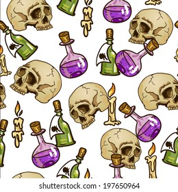 Doodle seamless pattern with flasks, potions and skulls Vector Design Element.