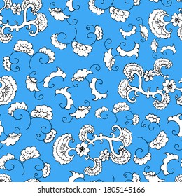 Patrón sin fisuras. Ornamento floral. Papel tapiz, textil, papel envolvente. Fondo azul. Ilustración de vectores dibujada a mano.