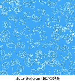 Doodle seamless pattern. Floral ornament. Wallpaper, textile, wrapping paper. Blue background. Hand drawn Vector illustration.