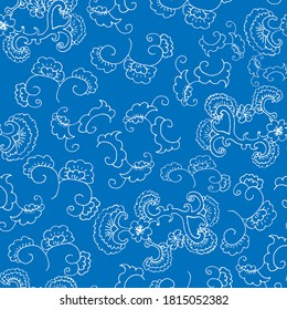 Doodle seamless pattern. Floral ornament. Wallpaper, textile, wrapping paper. Blue background. Hand drawn Vector illustration.