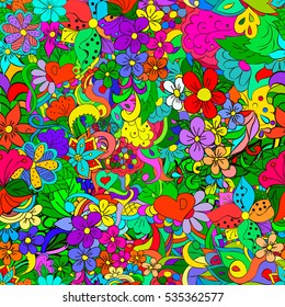 Doodle seamless pattern with flowers and swirls, can be user a decor, cards, invitation, web design.