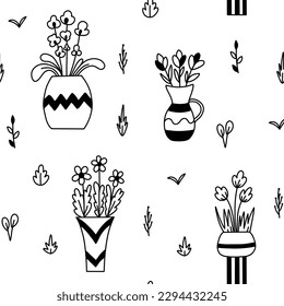 Patrón sin fisuras con flores en jarrón. Ilustración en blanco y negro del vector
