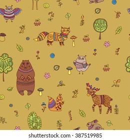 Doodle seamless pattern with forest animals