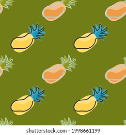 Doodle seamless pattern with fresh organic pineapples elements. Green background. Exotic food. Decorative backdrop for fabric design, textile print, wrapping, cover. Vector illustration.
