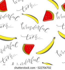 Doodle seamless pattern with fruits. Banana,watermelon vector background. Wrapping paper or textile design