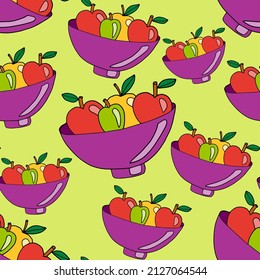 Patrón sin fisuras de garabato con frutas en el jarrón. Manzanas en el fondo del tazón.