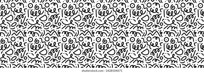 Doodle seamless pattern. Fun black line background. 90s kids background. Funny modern childish drawings. Wallpaper and wrapping design. Banner backdrop. Simple party confetti vector illustration