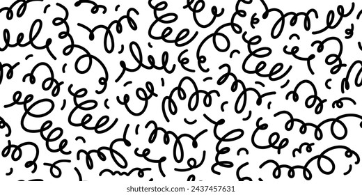 Doodle seamless pattern. Fun black line background. 90s kids background. Funny modern childish drawings. Wallpaper and wrapping design. Banner backdrop. Simple party confetti, vector illustration