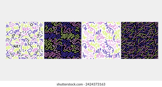 Doodle seamless pattern. Fun colorful line background. 90s kids background. Funny modern childish drawings. Wallpaper and wrapping design. Banner backdrop. Simple party confetti vector illustration