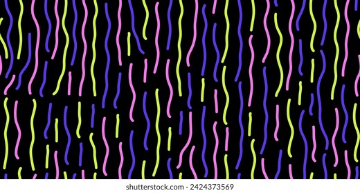 Garabato sin patrón. Divertido fondo de línea colorido. 90s fondo de los niños. Divertidos dibujos infantiles modernos. Papel pintado y envoltura de cumpleaños diseño banner fondo fiesta confeti ilustración vectorial