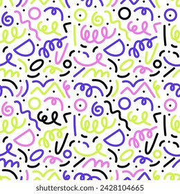 Doodle seamless pattern. Fun colorful line background. 90s kids background. Funny modern childish drawings. Wallpaper and wrapping design. Banner backdrop. Simple party confetti, vector illustration
