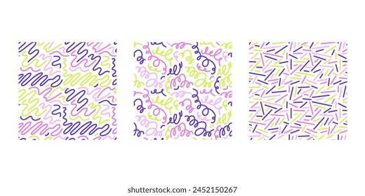 Doodle seamless pattern. Fun colorful line background. 90s kids background. Funny modern childish drawings. Wallpaper and wrapping design. Banner backdrop. Simple party confetti, vector illustration