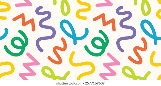 doodle seamless pattern fun colorful line elements. Creative color childish minimalist style. background pattern for children. trendy design with basic bright shapes. Vector illustration