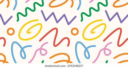 doodle seamless pattern fun colorful line elements. Creative color childish minimalist style. background pattern for children. trendy design with basic bright shapes. Vector illustration