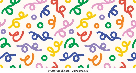 doodle seamless pattern fun colorful line elements. Creative color childish minimalist style. background pattern for children. trendy design with basic bright shapes. Vector illustration