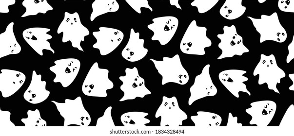 Doodle seamless pattern with fun Halloween vector ghosts. Simple funny characters play in the terrible creepy ghost monsters.