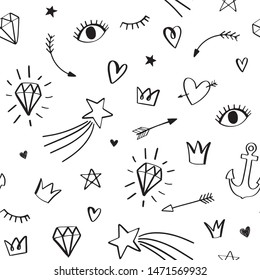 Doodle seamless pattern with fun icons. Hipster cartoon hand drawn vector star, crown, diamond, eye, arrow, anchor. 