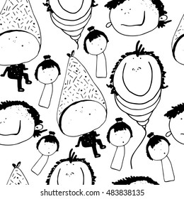 Doodle seamless pattern with funny characters for kids' textile. Black and white. Stylish solution for your design