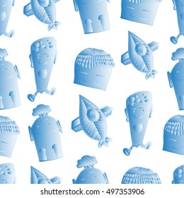 Doodle seamless pattern with funny characters for kids' textile and furniture. Gradient elements. 3d illusion
