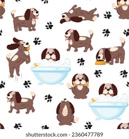 Doodle seamless pattern with a funny dog in different poses and taking a bath. Cartoon dog background.
