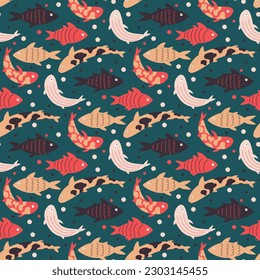 doodle seamless pattern with funny fishes 