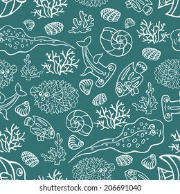 Doodle seamless pattern.Set of Funny Sea Life and Fish,shell,corals ,seaweed.Outline image on blue background.Use for fabrics, Wallpaper,background,packaging paper.Vector illustration for children