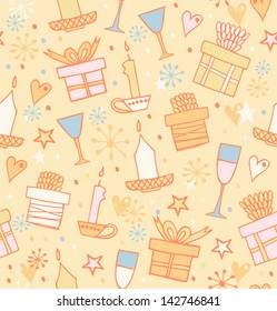 Doodle seamless pattern with gifts, candles, goblets. Endless decorative scribble background with boxes of presents. Decorative texture for wrapping papers, covers, wallpapers
