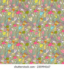 Doodle seamless pattern with girl dreams - cat, coffee, tea, cupcake, broccoli, donut, lipstick, apple, heart, muffin, strawberry, cherry 