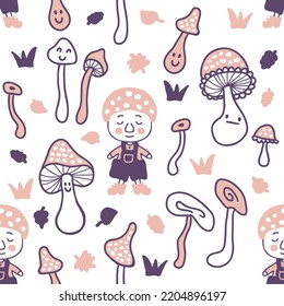 Doodle seamless pattern with gnomes and mushrooms. Perfect autumn print for T-shirt, textile and fabric. Hand drawn vector illustration for decor and design.

