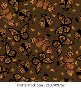 Patrón sin fisuras de garabatos con insectos dorados, patrón de bugs Doodle