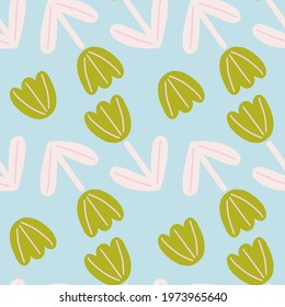 Doodle seamless pattern with green abstract tulip flower shapes. Blue background. Hand drawn style. Flat vector print for textile, fabric, giftwrap, wallpapers. Endless illustration.